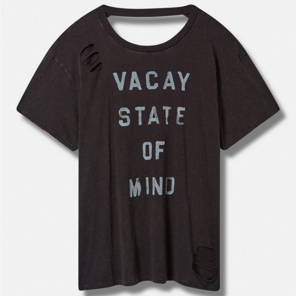 Torrid Black Wash Vacay State Of Mind Slash Distressed Open Back Tee 3 3X 22/24